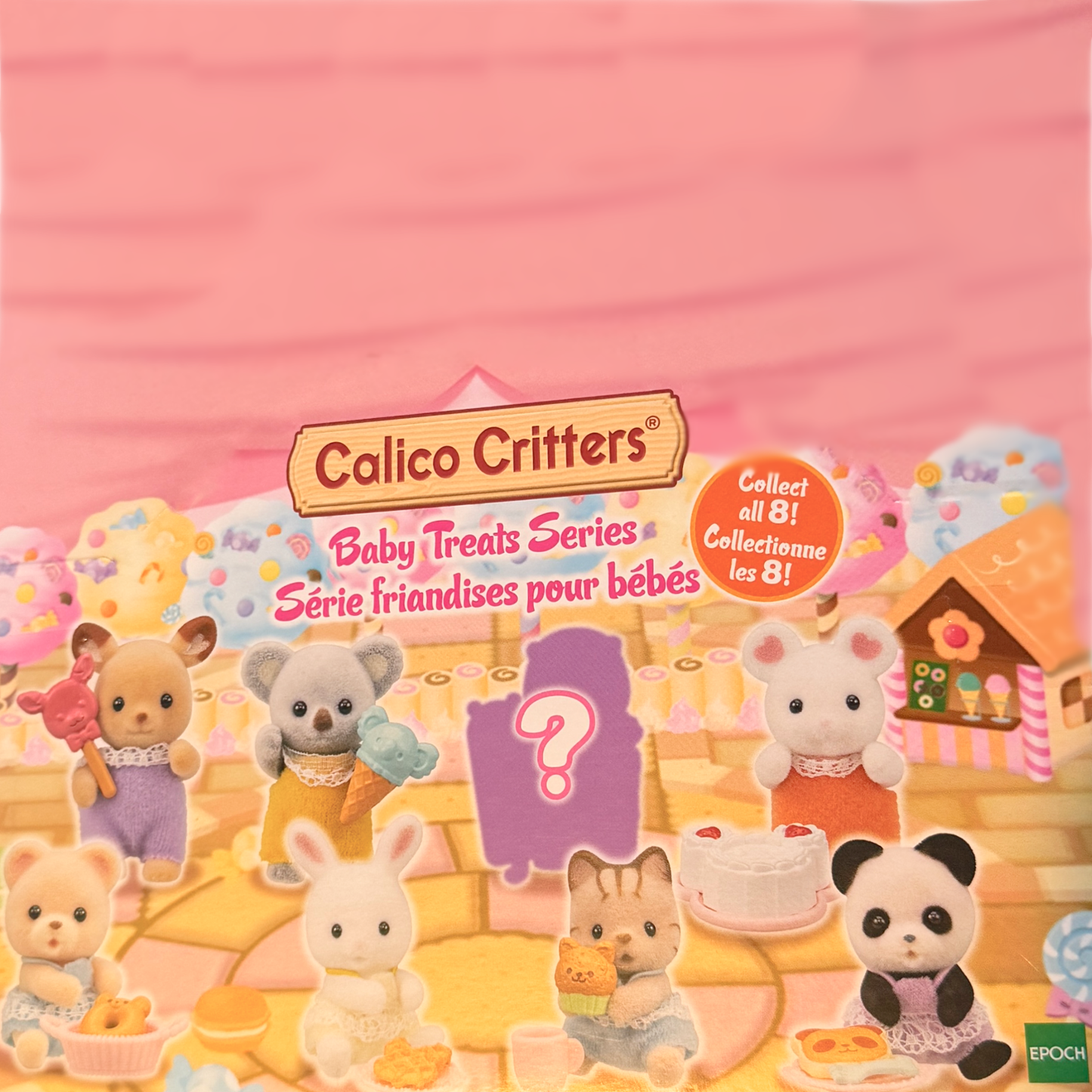 7  Sylvanian Calico Critter Babies are shown with their sweet treats, a mystery figure is represented by a question mark and a shadow. 