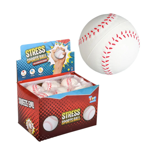 A baseball themed stress ball floats above the box which shows a hand squeezing the ball. More baseball stress balls are shown in plastic packaging. 