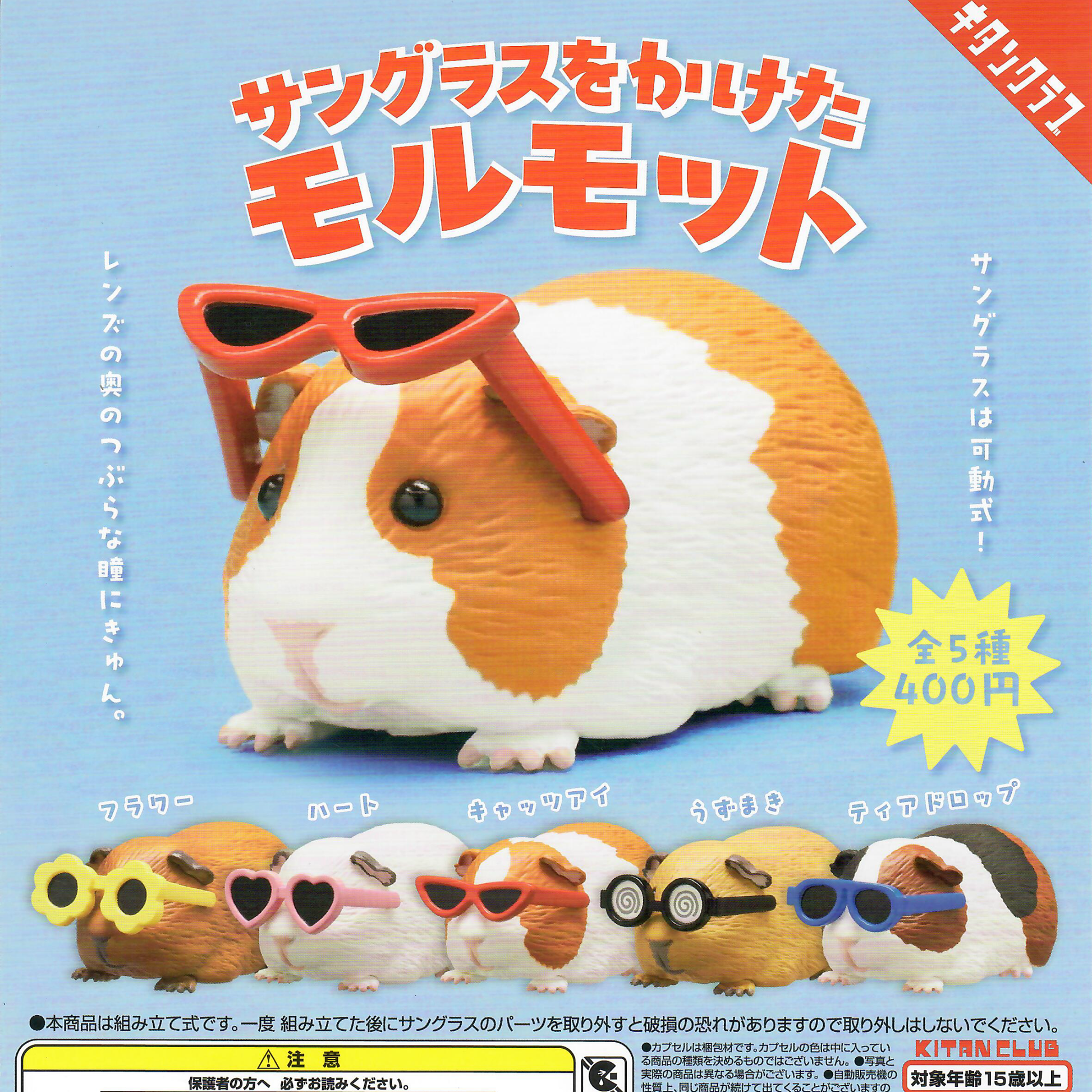 Five different designs of guinea pig figures wearing sunglasses!