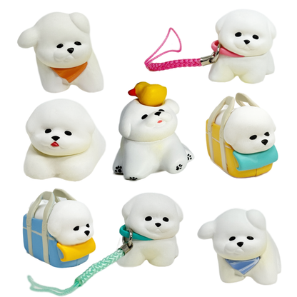 8 variation of Bichon Frise puppy toy figures.