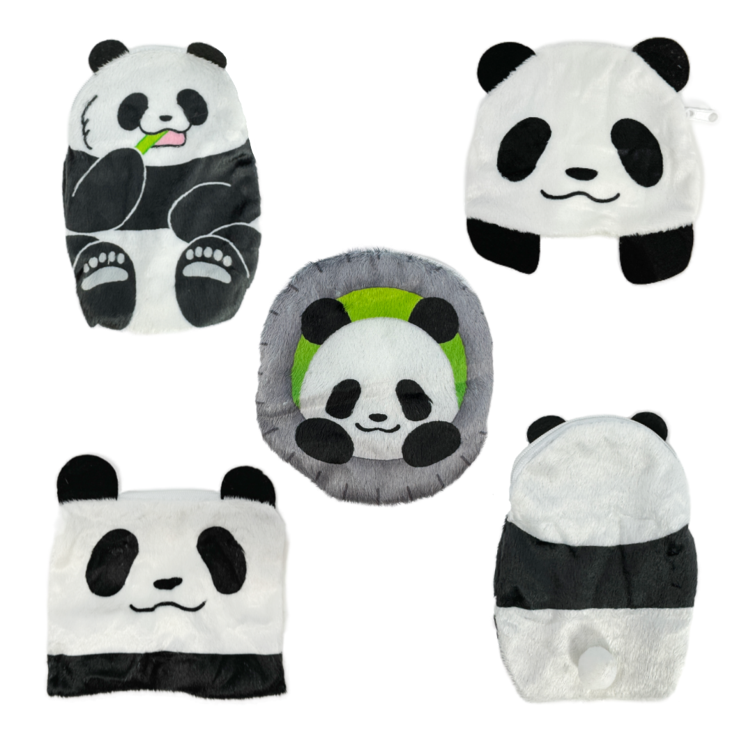 Four fuzzy zippered panda pouches and one shown from behind with a tail.