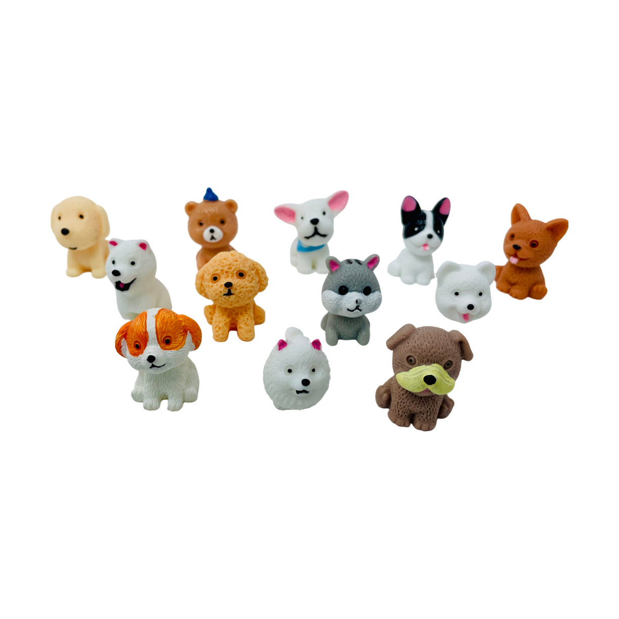 A group photo of twelve unique tiny toy dog figurines. 