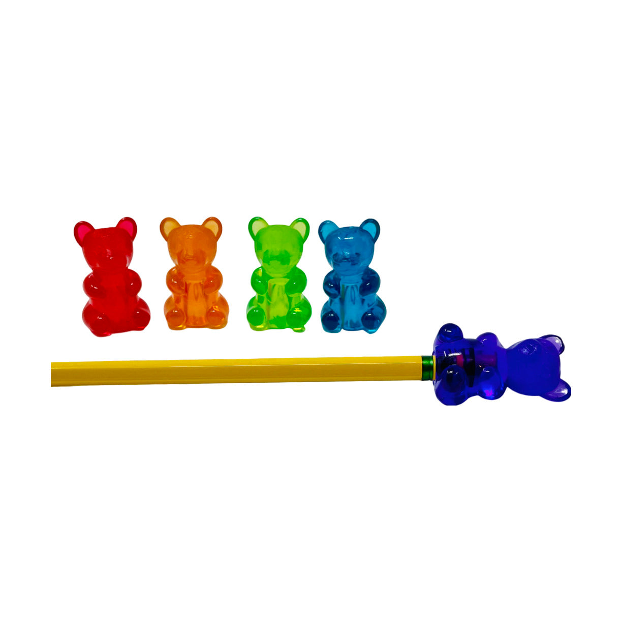 Five colorful gummy bear shaped pencil toppers, one is on a pencil.