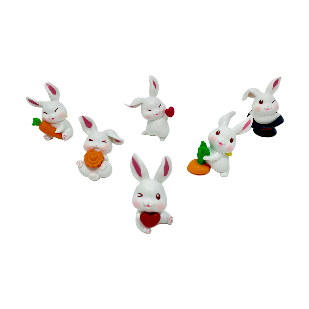 Six white toy bunny figurines holding unique props including hearts, carrots, and a hat.