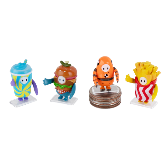 4 characters from Fall Guys are shown in micro figure size. One sits on a stack of quarters