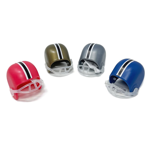 Four mini football helmet toys in various colors.
