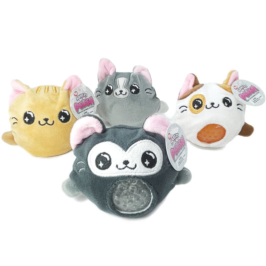 Four toy cat sensory plush toys with squeezable tummies.