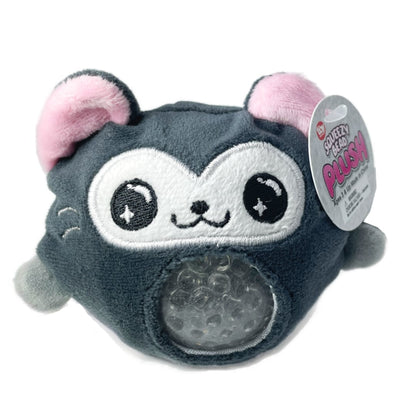 A grey toy cat sensory plush toy with a squeezable grey bead tummy.