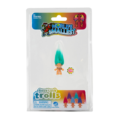 World's Smallest Good Luck Troll with teal hair in its packaging