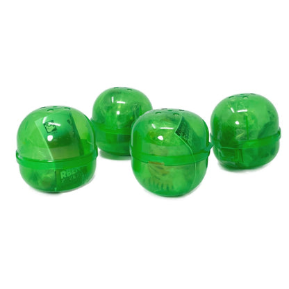 4 green capsules with toy animal figurines inside