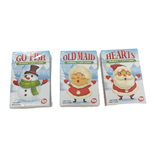 Three holiday themed card games; Go Fish, Old Maid, and Hearts..