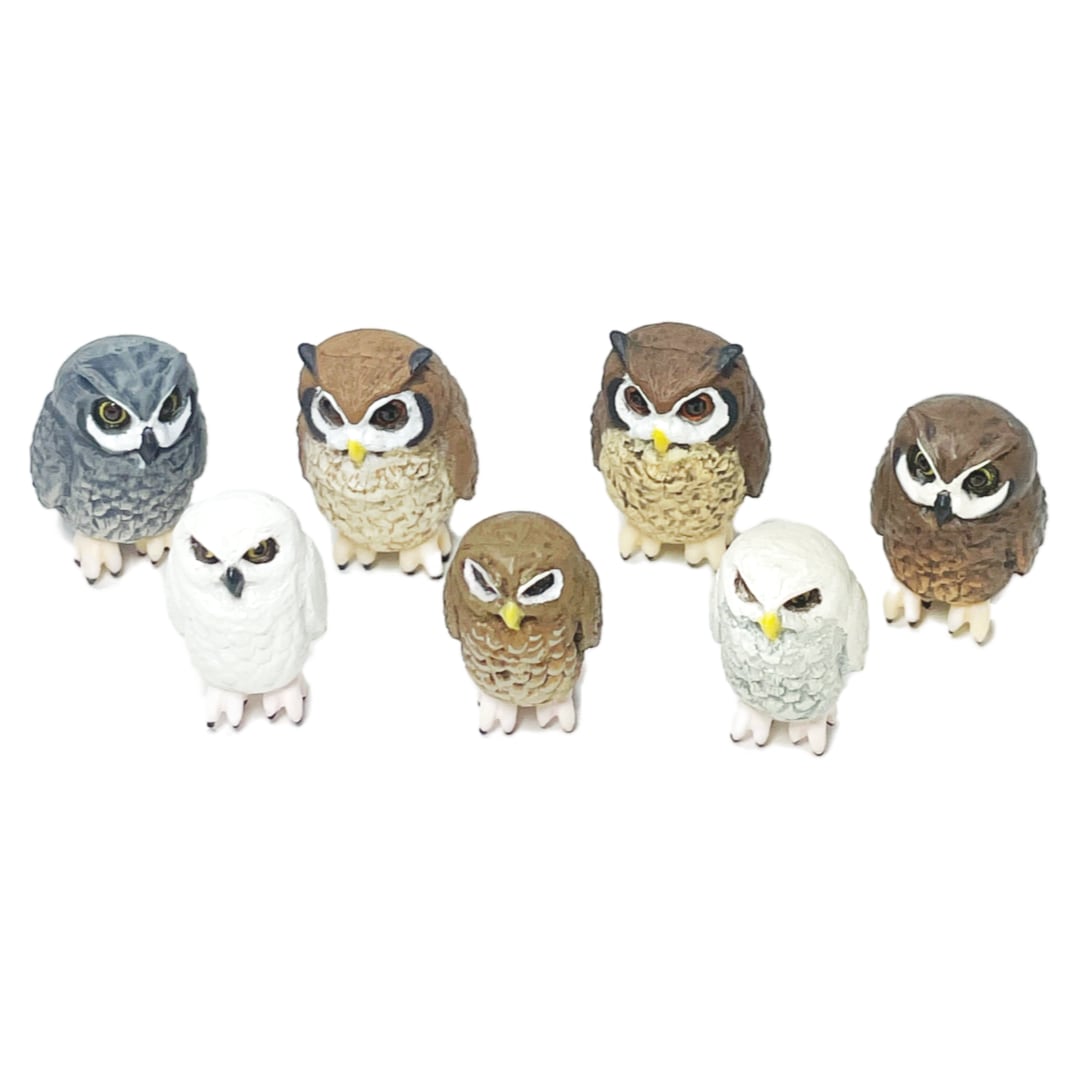 A group of seven unique toy owl figurines. 