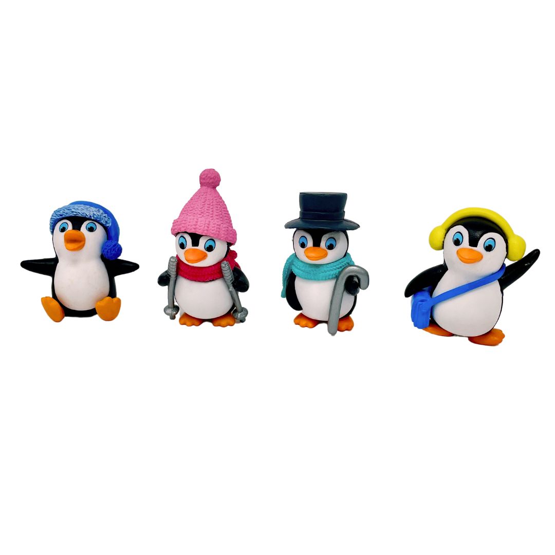 Four unique designs of cute toy penguin figurines.