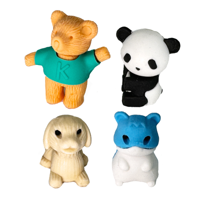 Animal themed erasers including a panda, dog, bear, and hamster. 