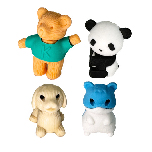 Animal themed erasers including a panda, dog, bear, and hamster. 
