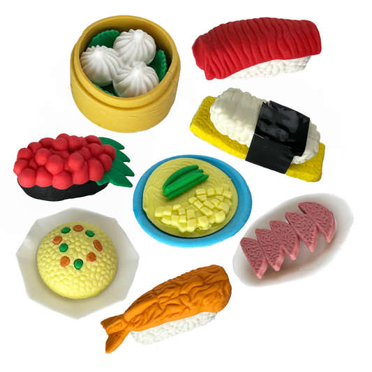 A collection of sushi puzzle erasers.
