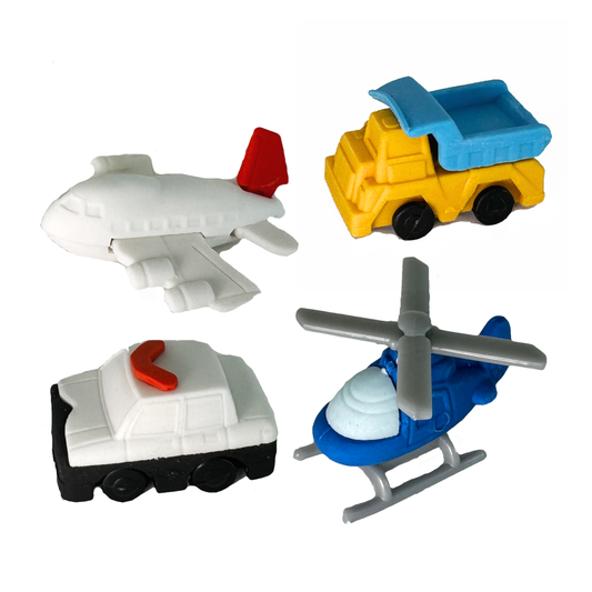 4 puzzle erasers, a helicopter, a plane, a dump truck, and an emergency vehicle. 